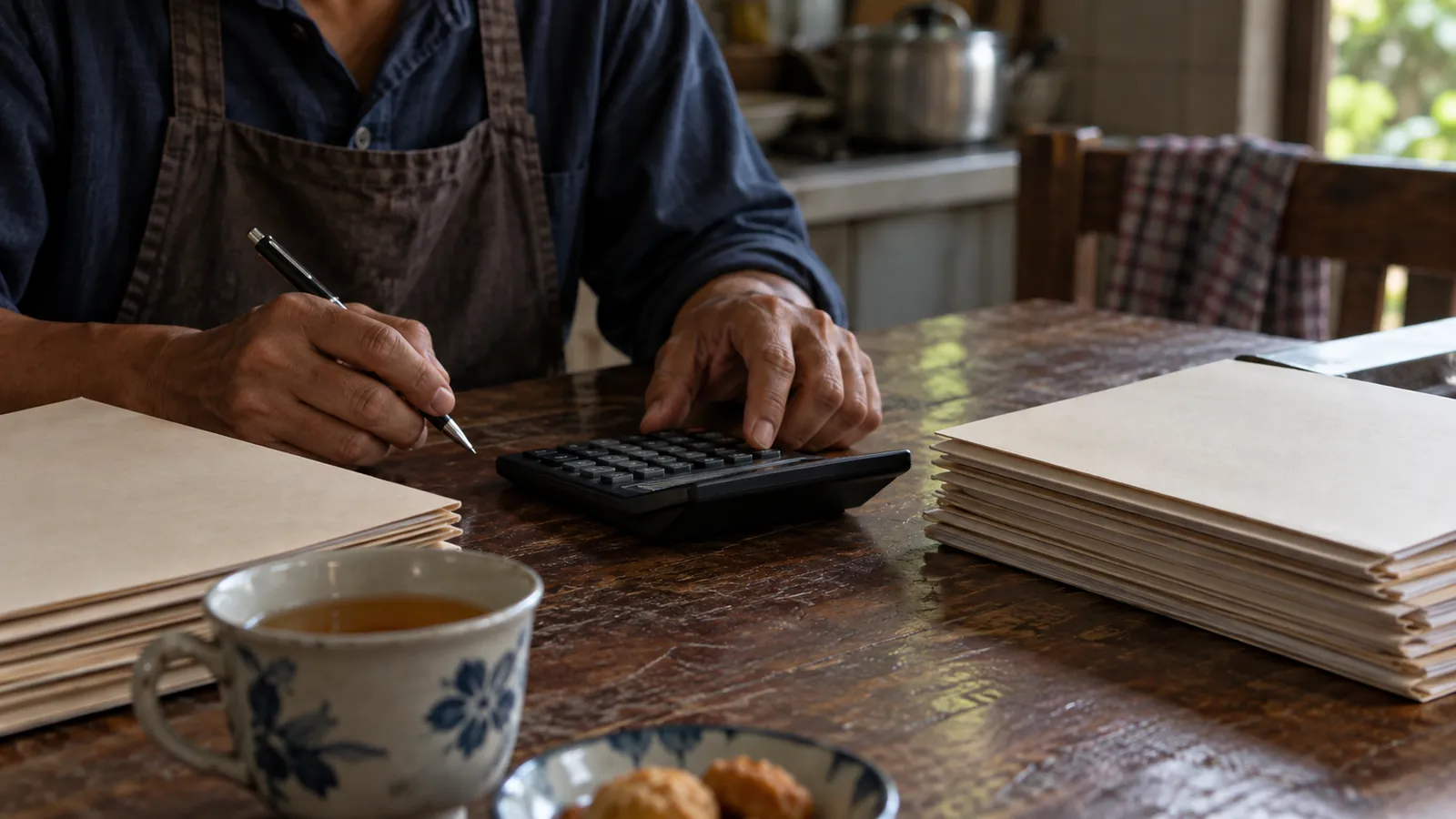 A man in an apron works through figures with a calculator, stacks of envelopes and a cup of tea at his elbow