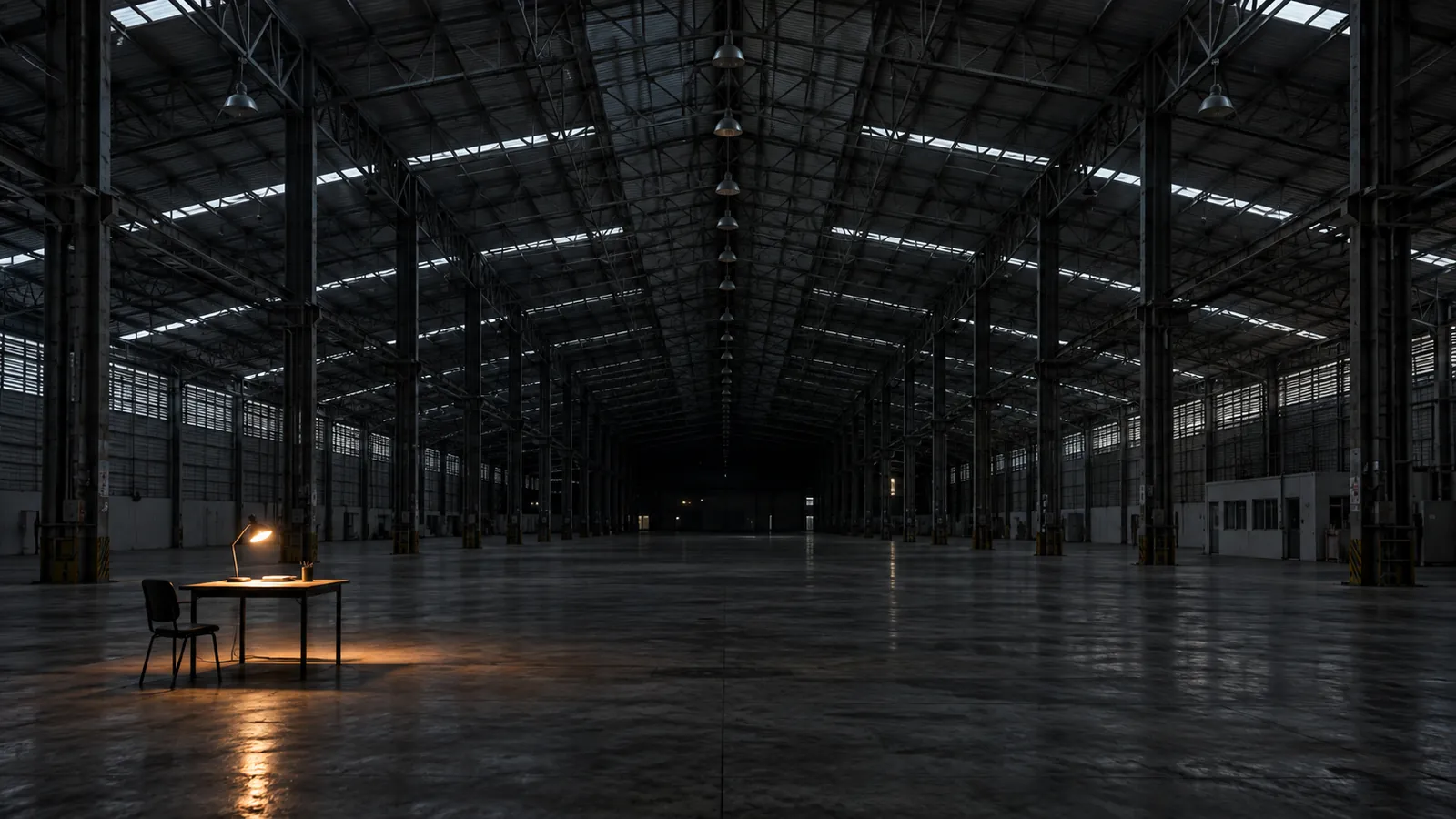 An empty factory hall, a single desk and lamp in the middle of the floor