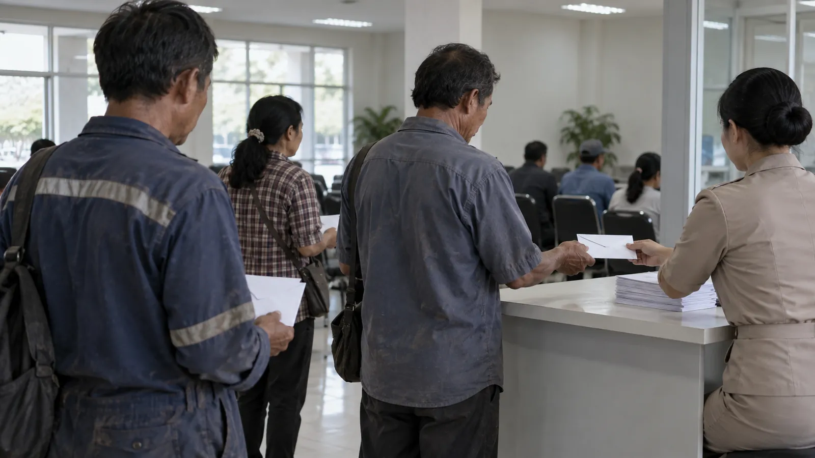 Workers in factory uniforms hand papers to an official at an office counter