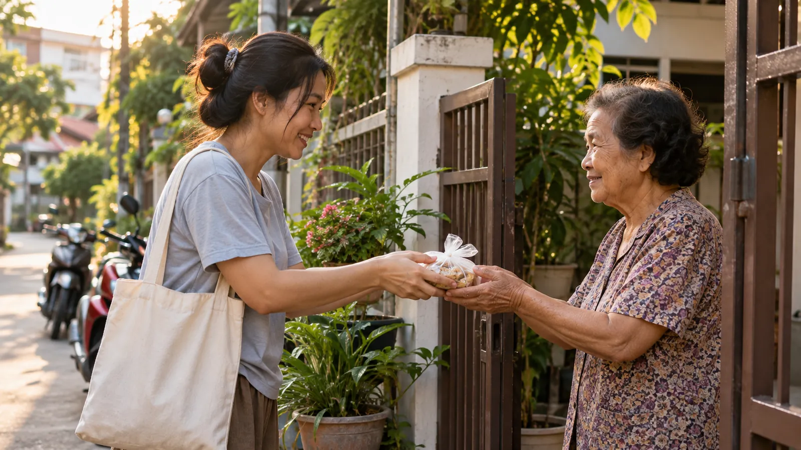 A woman hands a small wrapped bag of sweets to an older neighbour at her garden gate