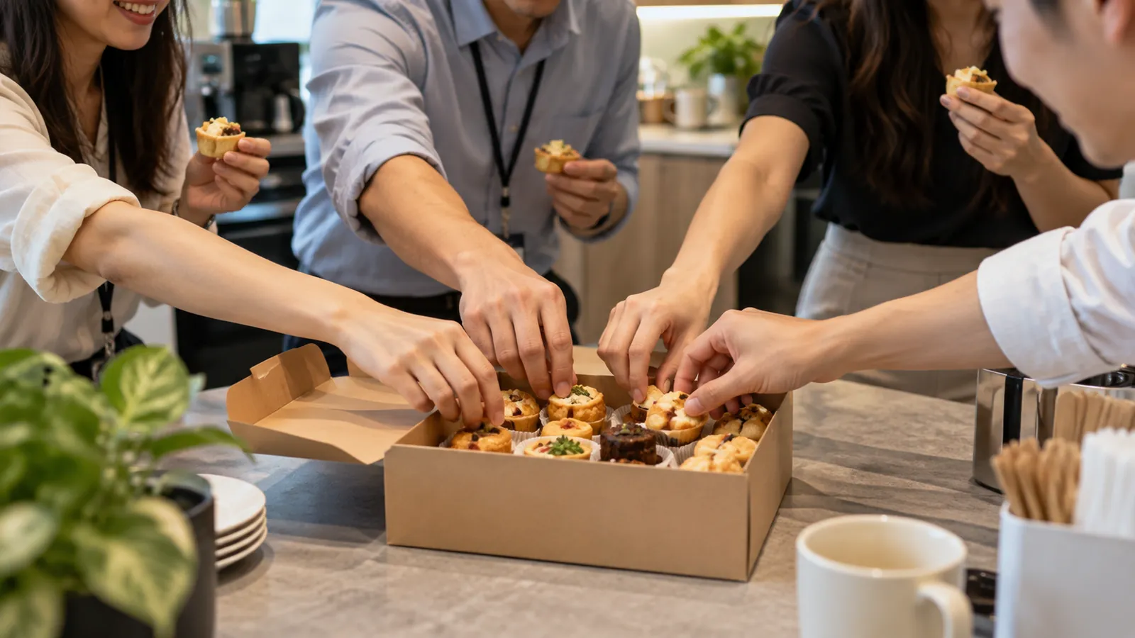 Office colleagues reach into an open box of small pastries on the pantry counter, some already eating