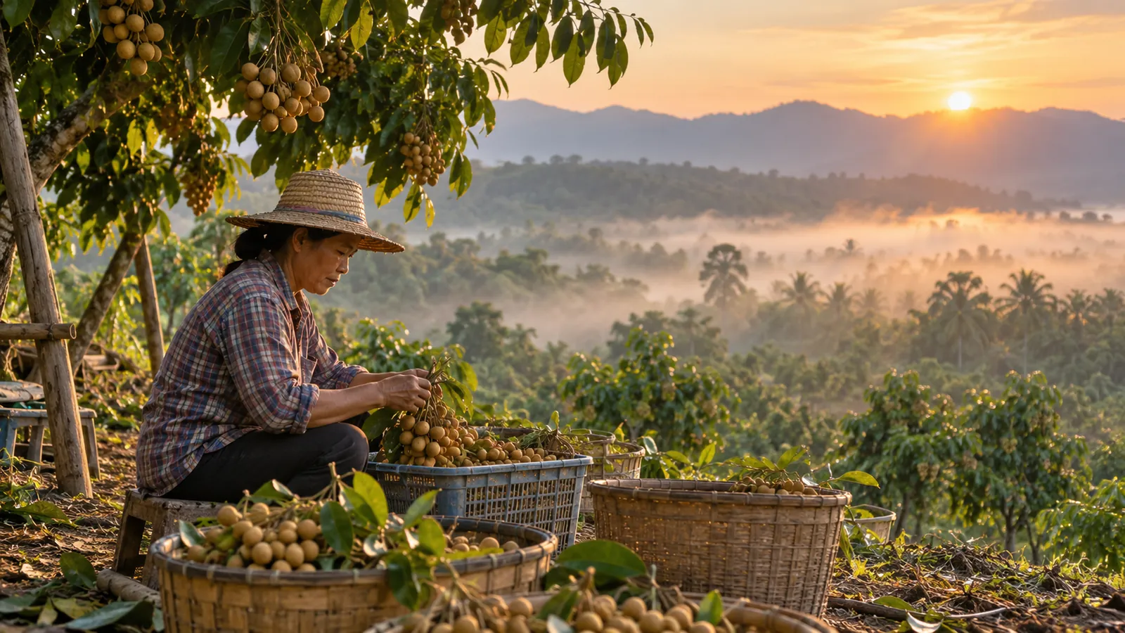 A farmer picks longan in a hillside orchard at sunrise, baskets of fruit around her and mist in the valley below