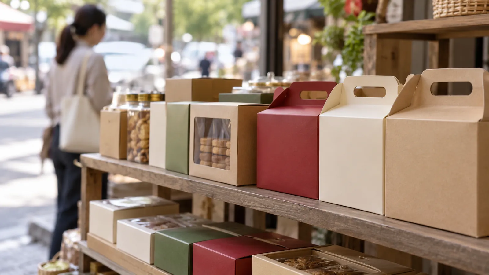 Plain gift boxes stacked on a shelf outside a shop, a woman with a tote bag passing behind