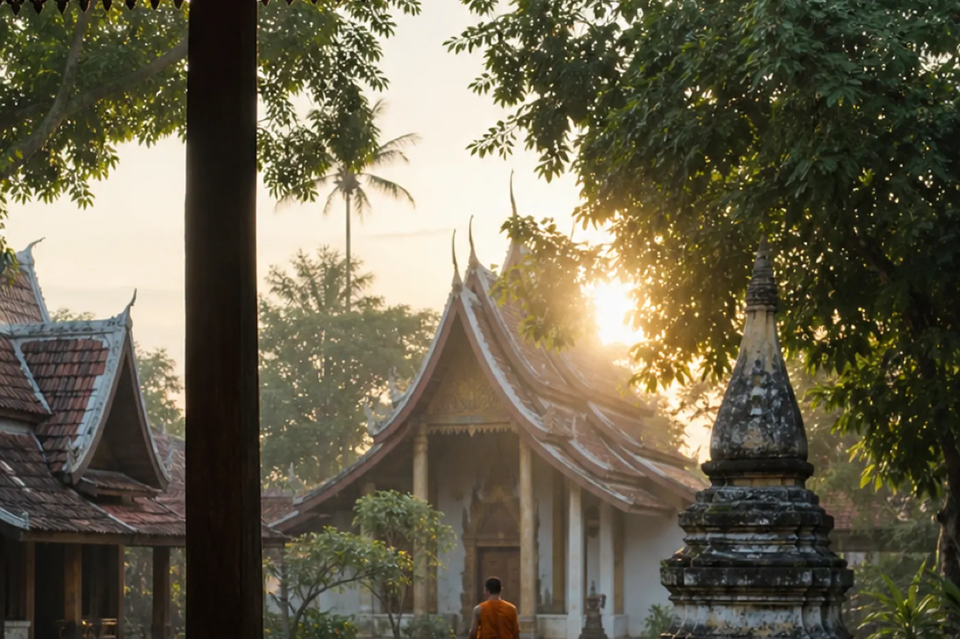 A temple compound at first light with a monk walking between the buildings