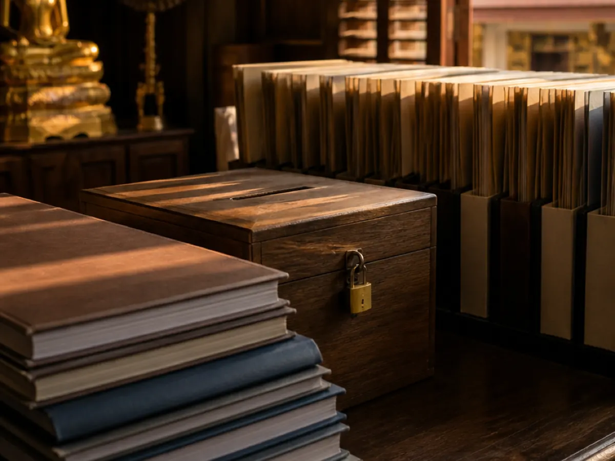 A padlocked donation box and stacked ledgers in a temple office
