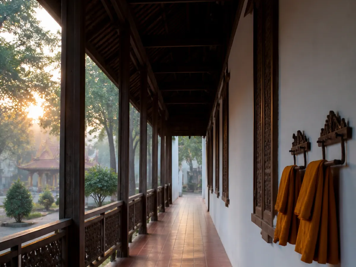 Robes hang along an empty temple corridor