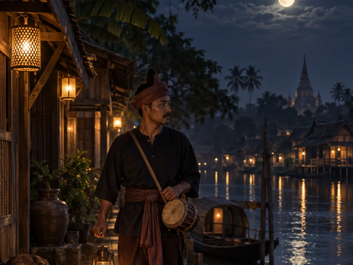 A night watchman with a drum and a lantern beside a canal