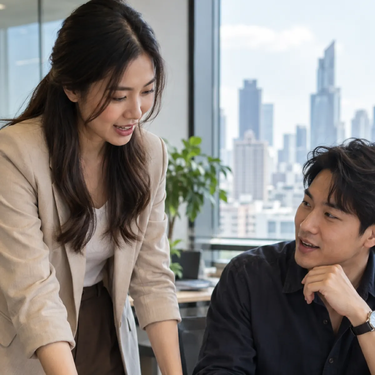 Colleagues talk over a desk in an office overlooking the city