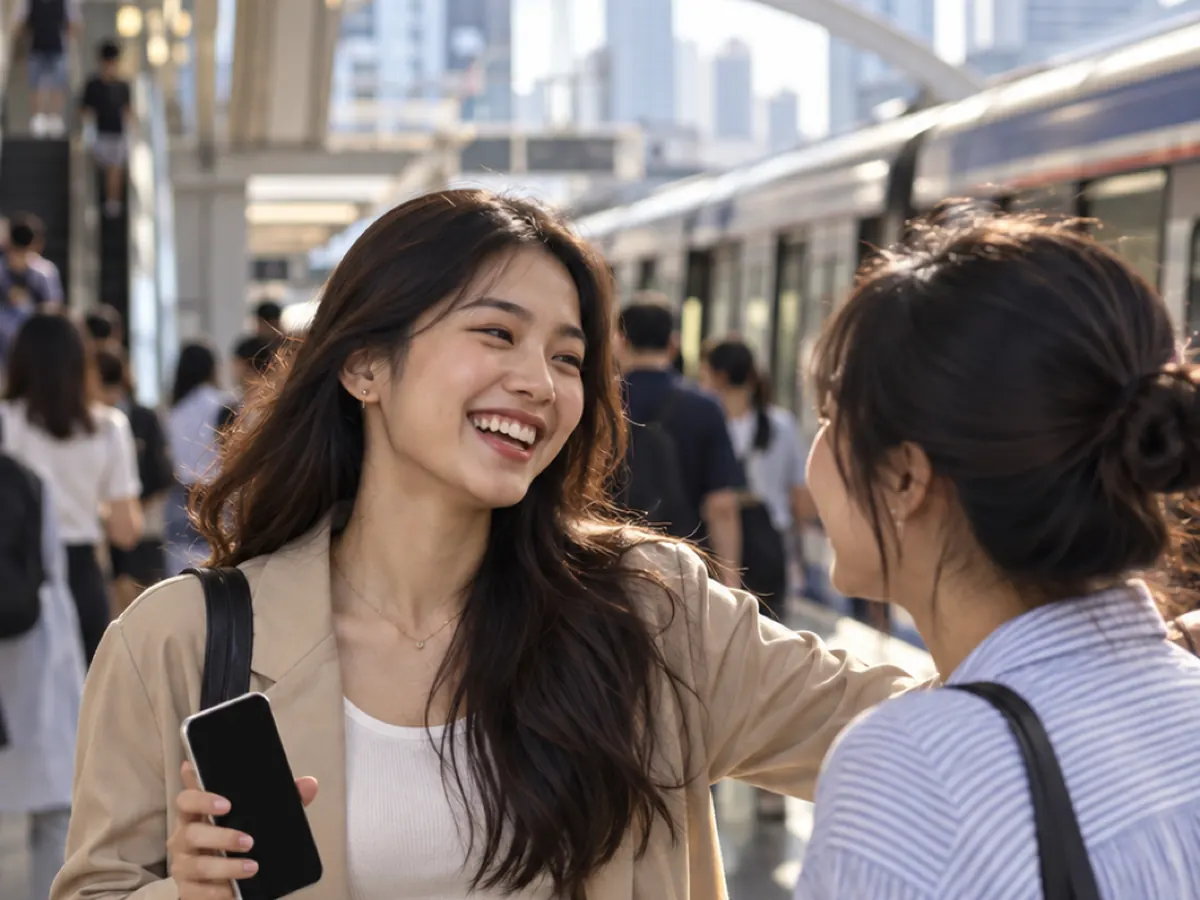 Friends chatting on a Skytrain platform