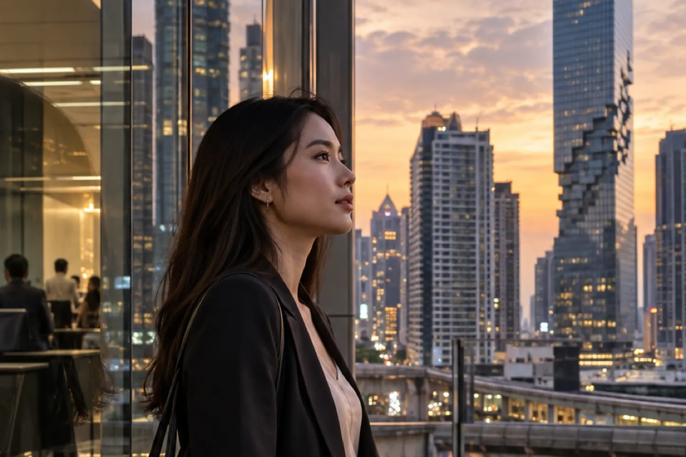 A woman in a suit looks out over the city from a high floor at dusk