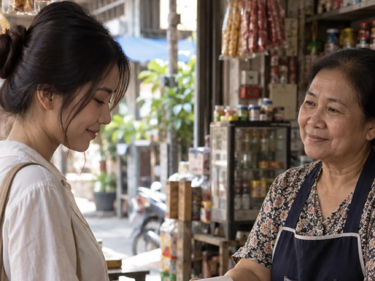 A shopkeeper hands a slip of paper to a customer at a corner shop