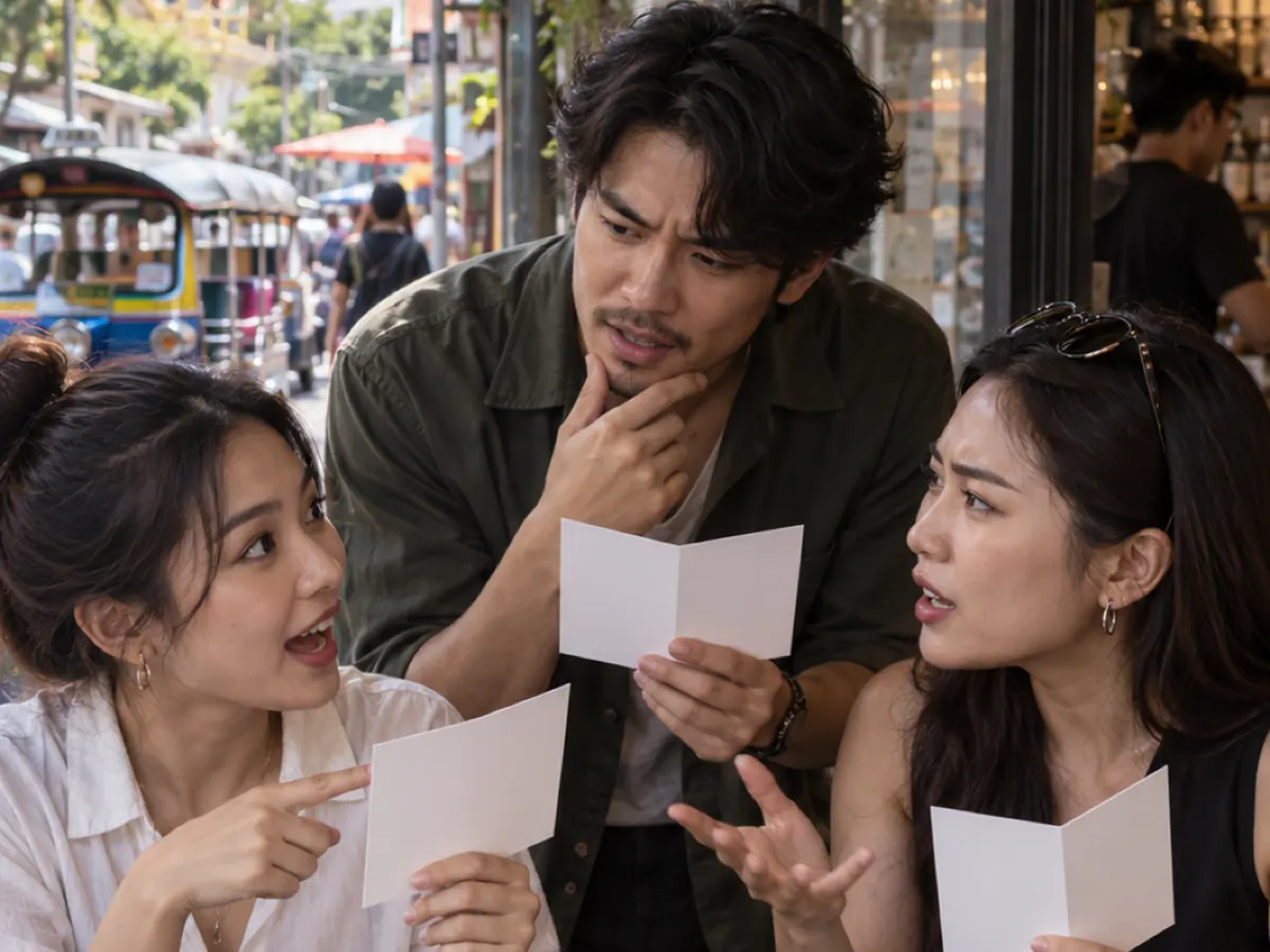 Three friends compare slips of paper over coffee