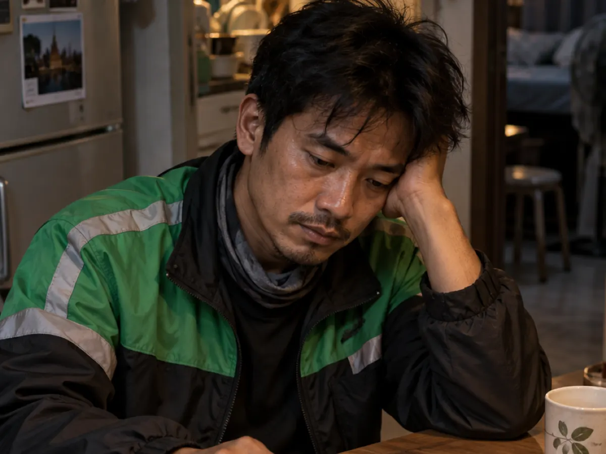 A delivery rider in a green jacket sits with his head in his hand