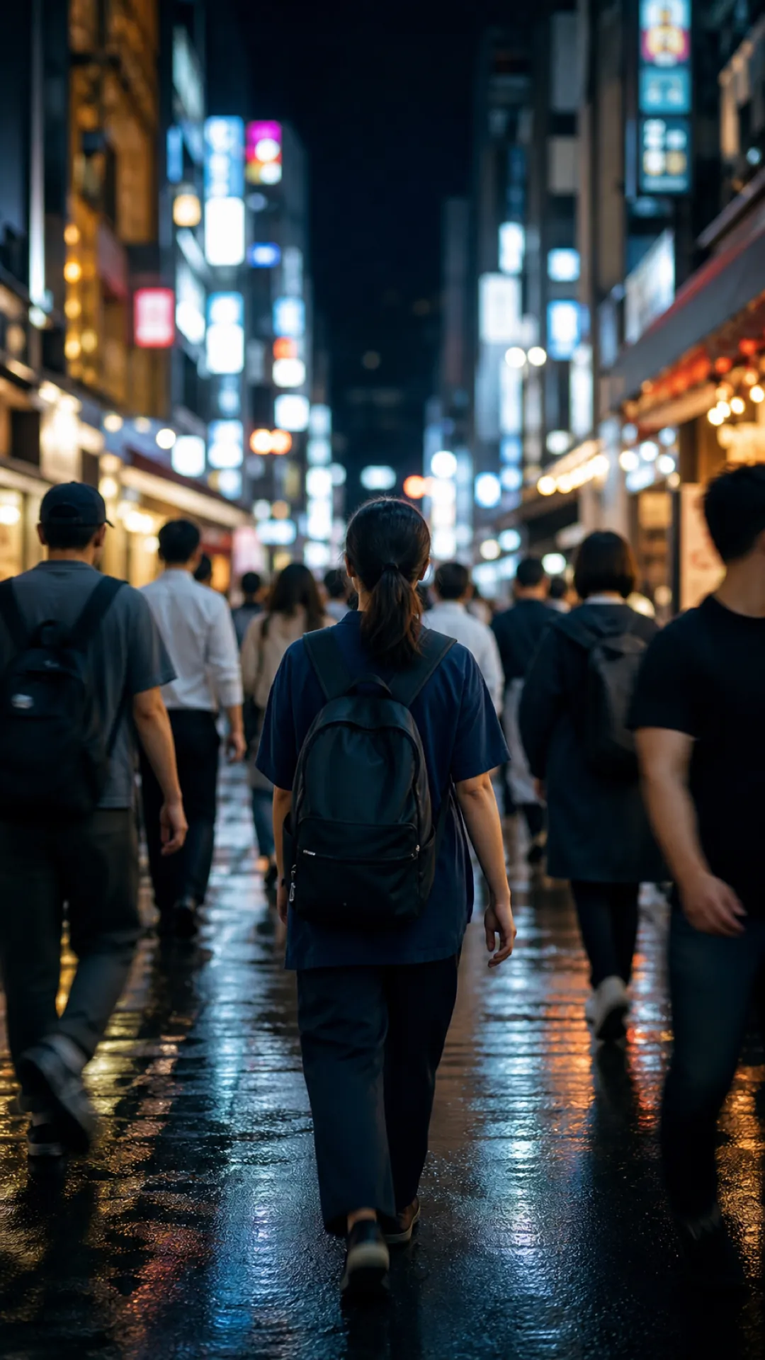 A woman with a backpack walks alone through a crowded, neon-lit Seoul street