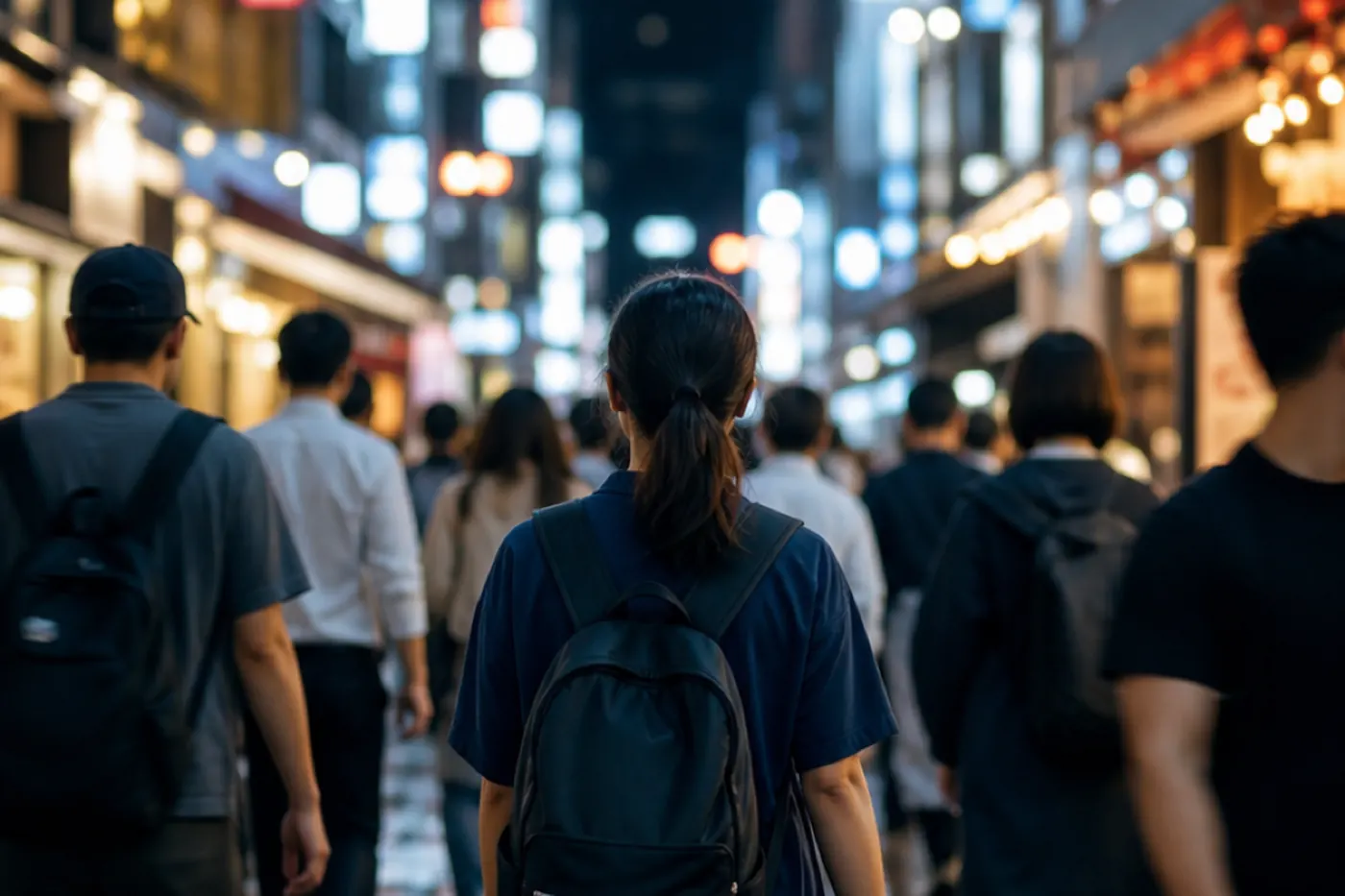 A woman with a backpack walks alone through a crowded, neon-lit Seoul street
