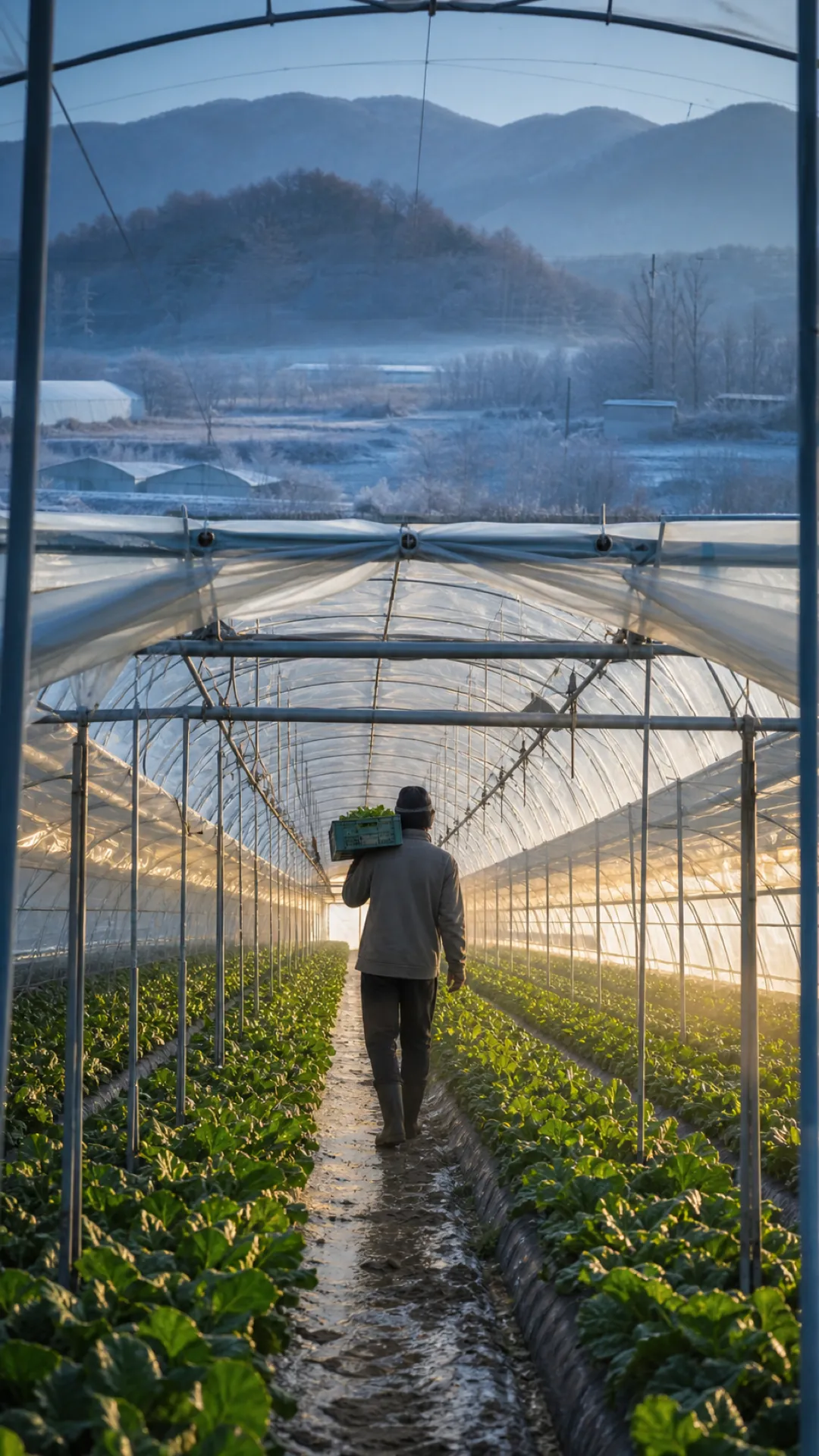 A worker carries a crate through a long plastic greenhouse in frost