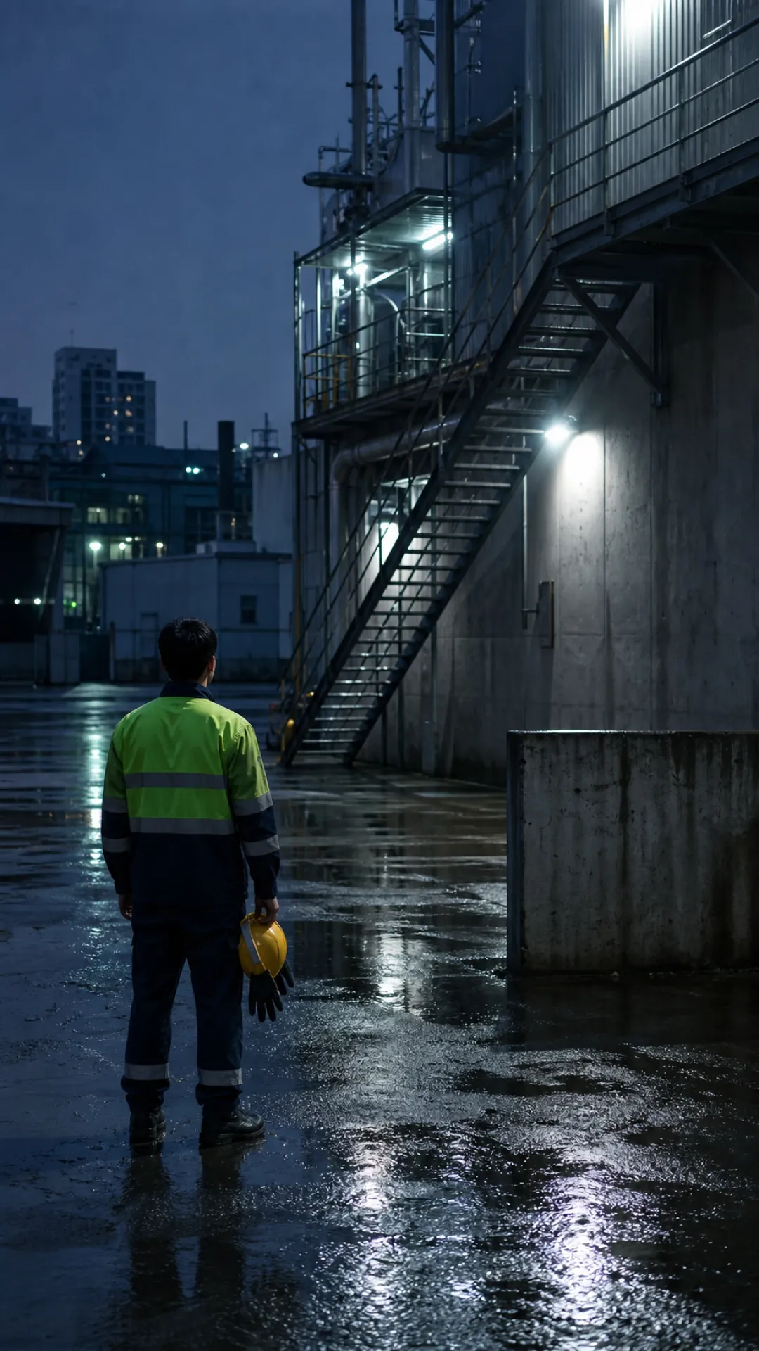 A worker in a reflective vest stands alone outside a factory at night