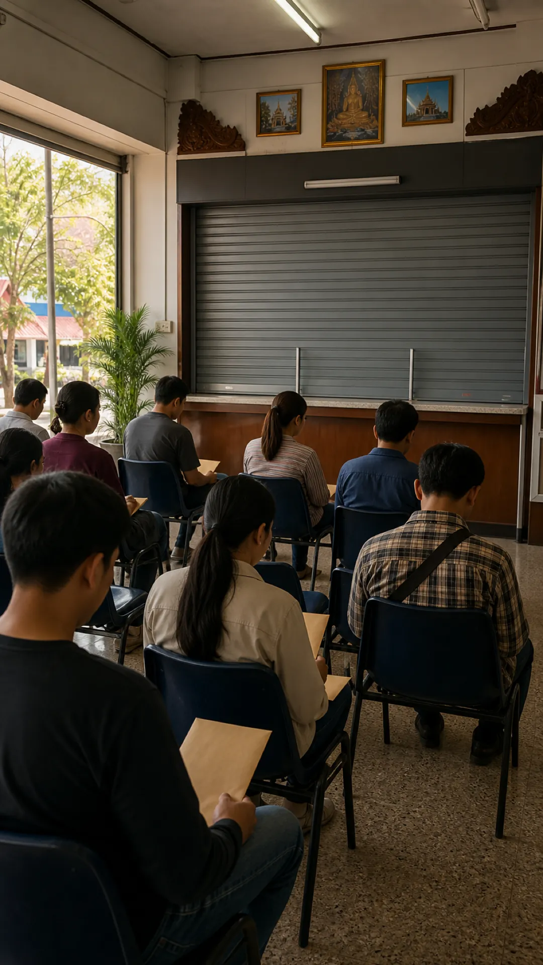 People waiting in rows of chairs at an office with its shutters down