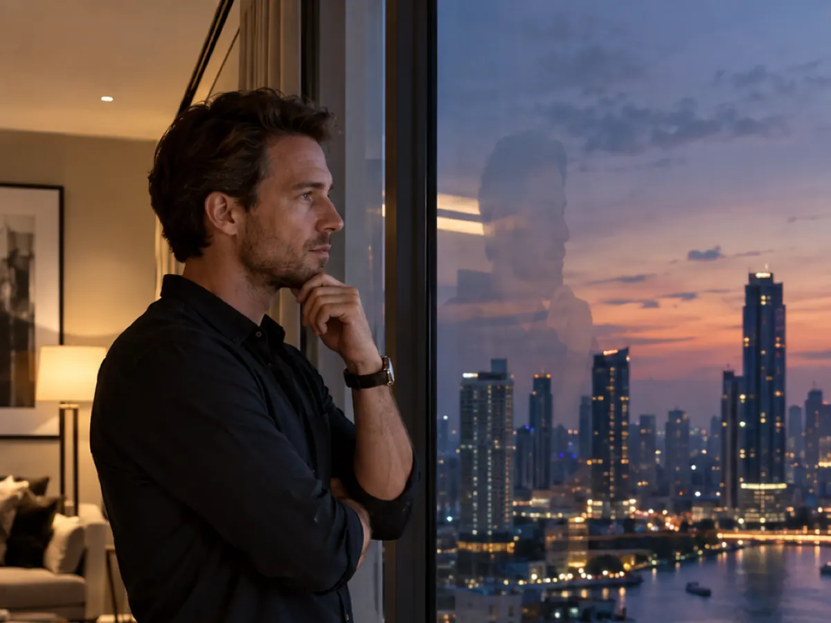 Two men look out over the river from a high-rise apartment at night