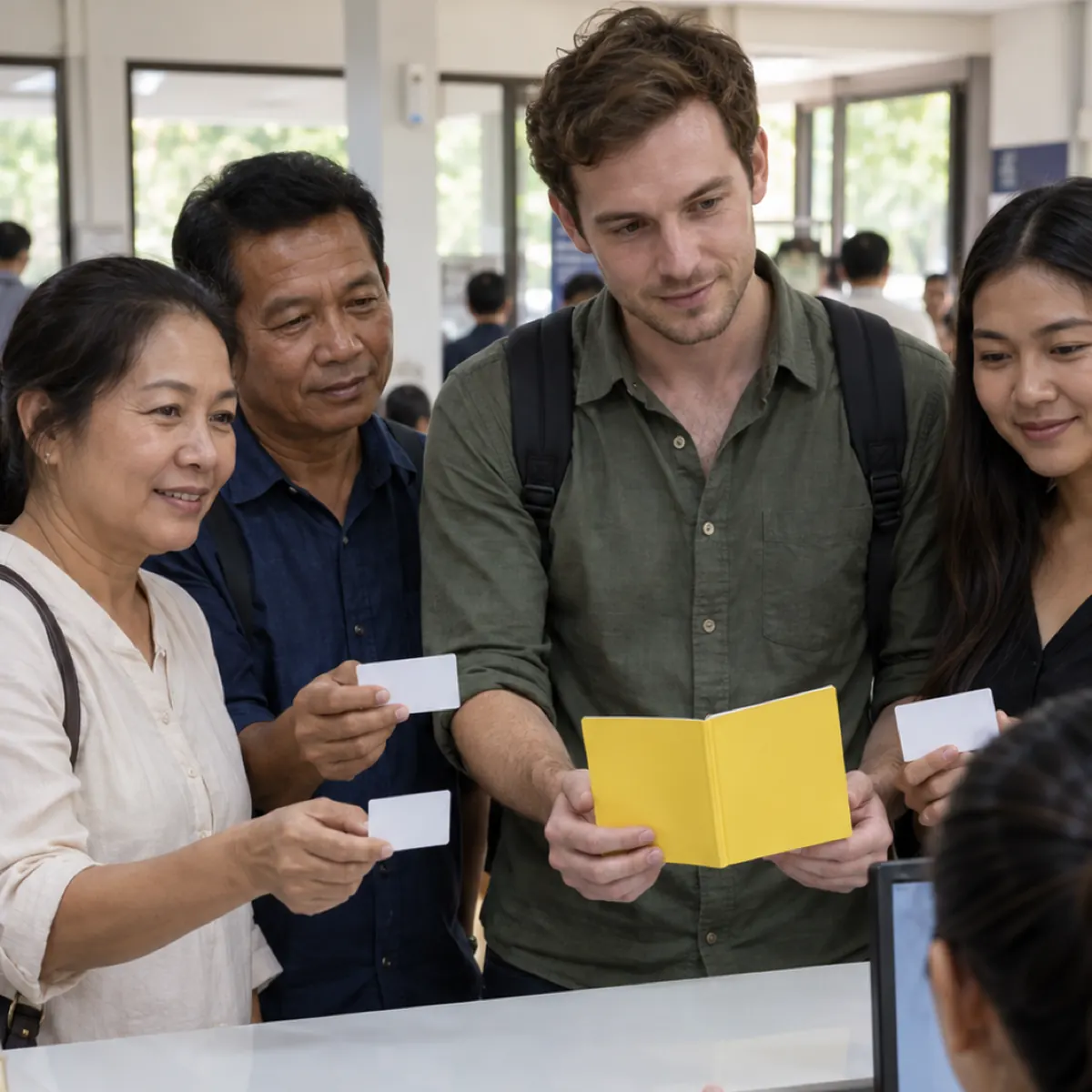Witnesses hold up identity cards beside a yellow house registration book at a counter