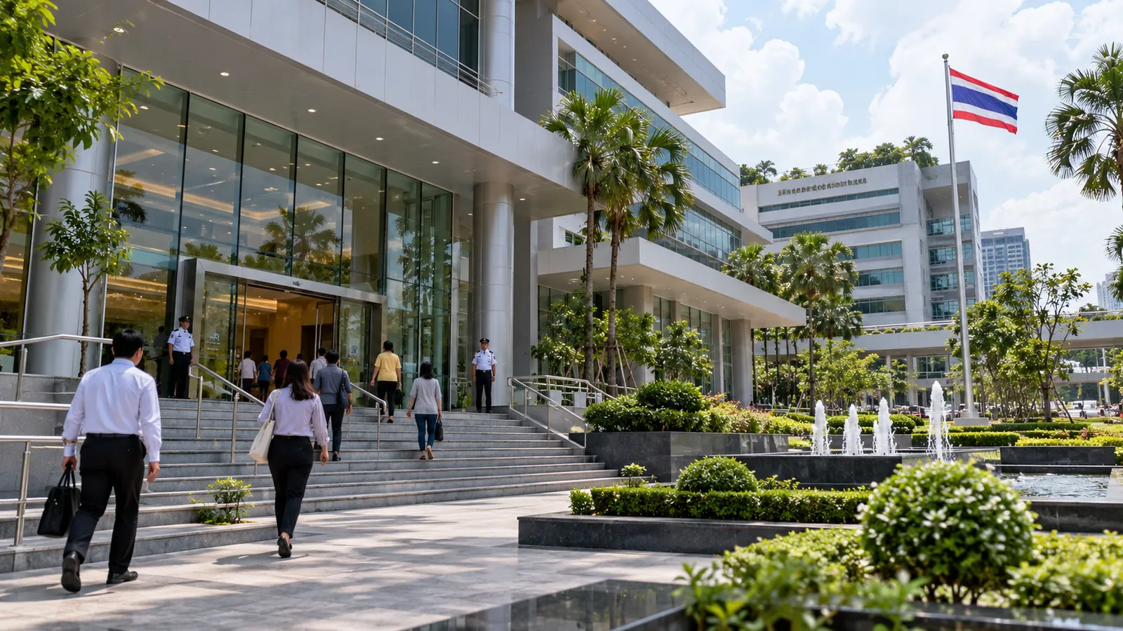 Office workers climb the steps to a large government building, the national flag flying beside a fountain