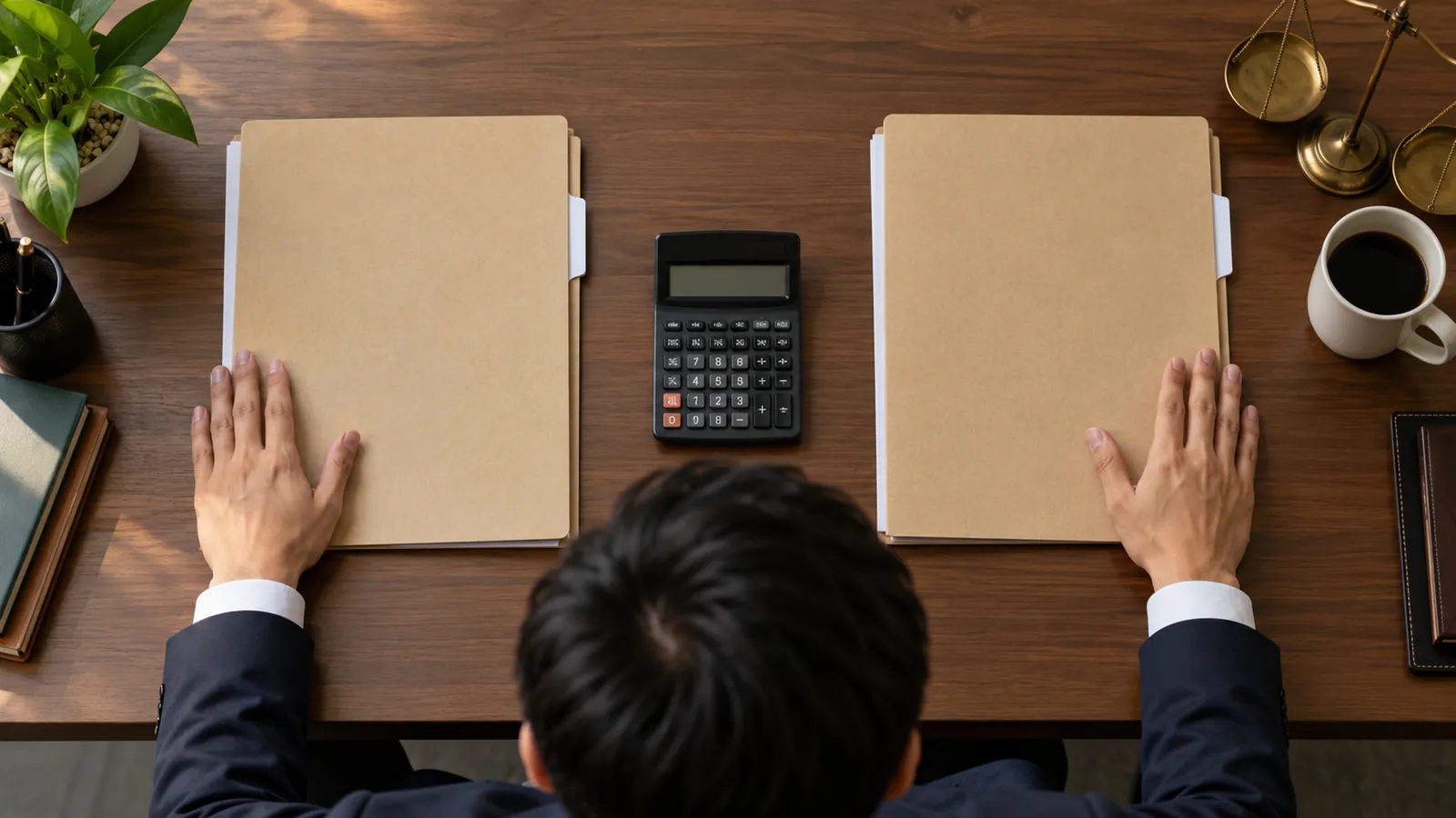 Seen from behind, a man in a suit rests his hands on two closed folders on a desk, a calculator between them and brass scales beside