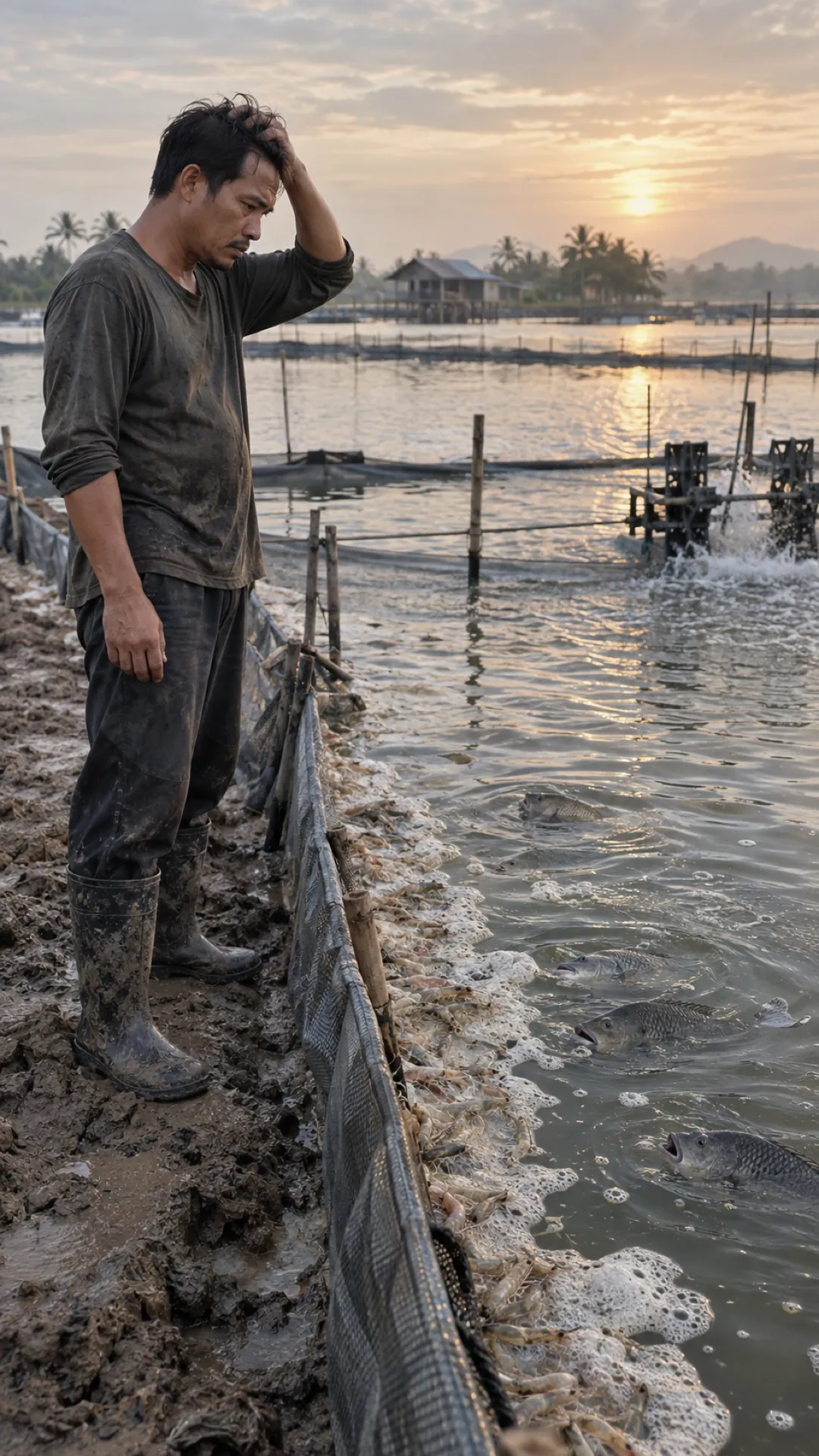 A farmer stands on the bank of a brackish pond at sunrise, a hand on his head