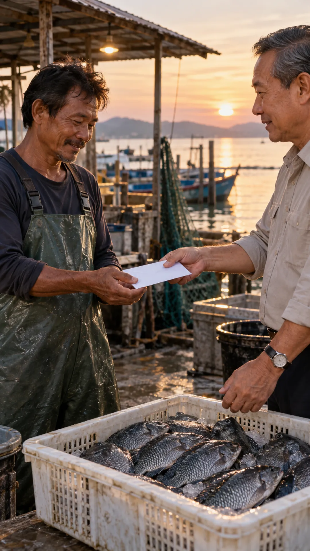 A fisher in waders and a buyer greet each other at a shore-side buying point at sunset
