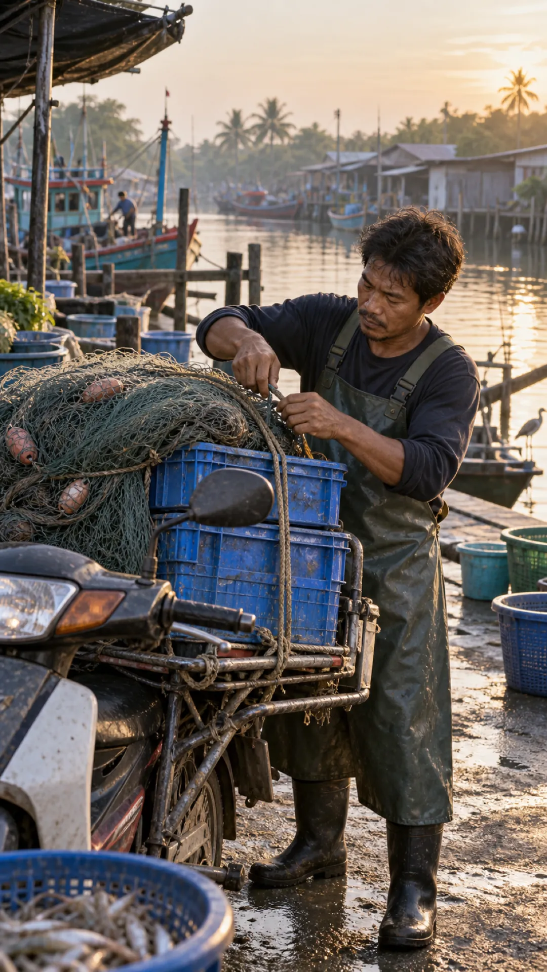 A collector loads nets and crates onto his motorbike beside a fishing harbour