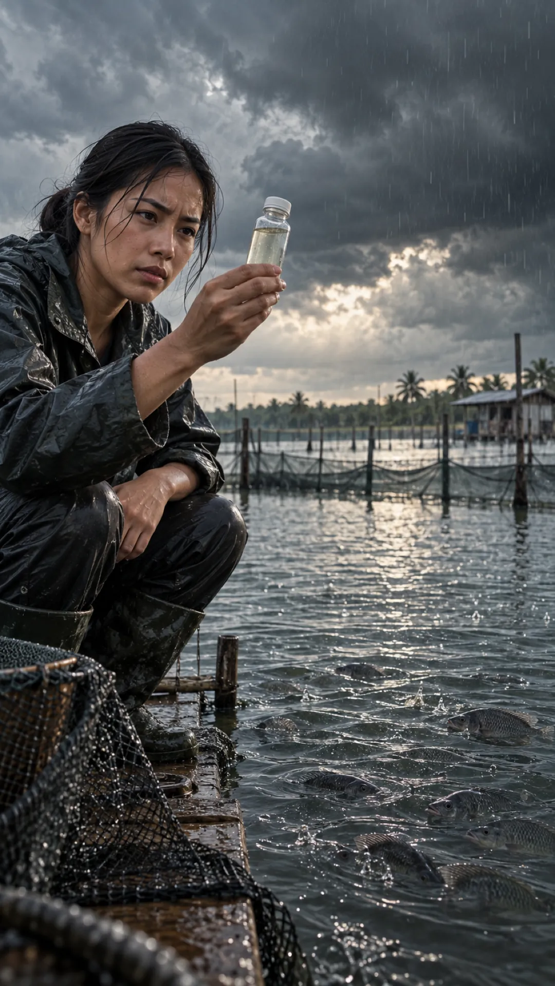 A fisheries worker crouches at the edge of a pond holding up a water sample as rain sets in