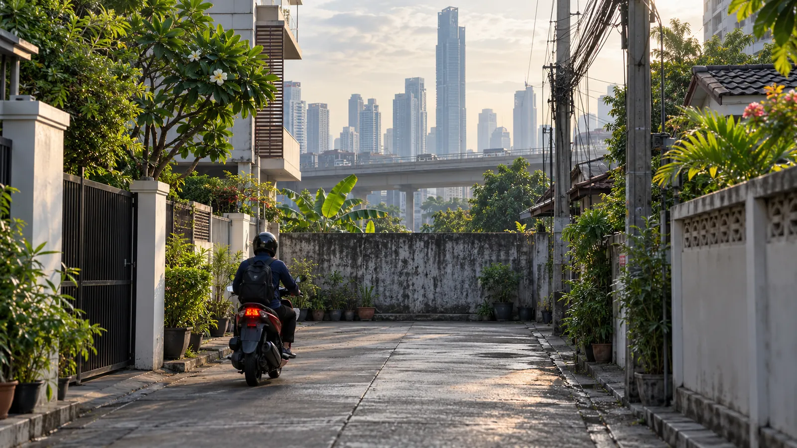 A rider heads down a narrow soi that ends at a wall, with an elevated road and a cluster of towers rising just beyond