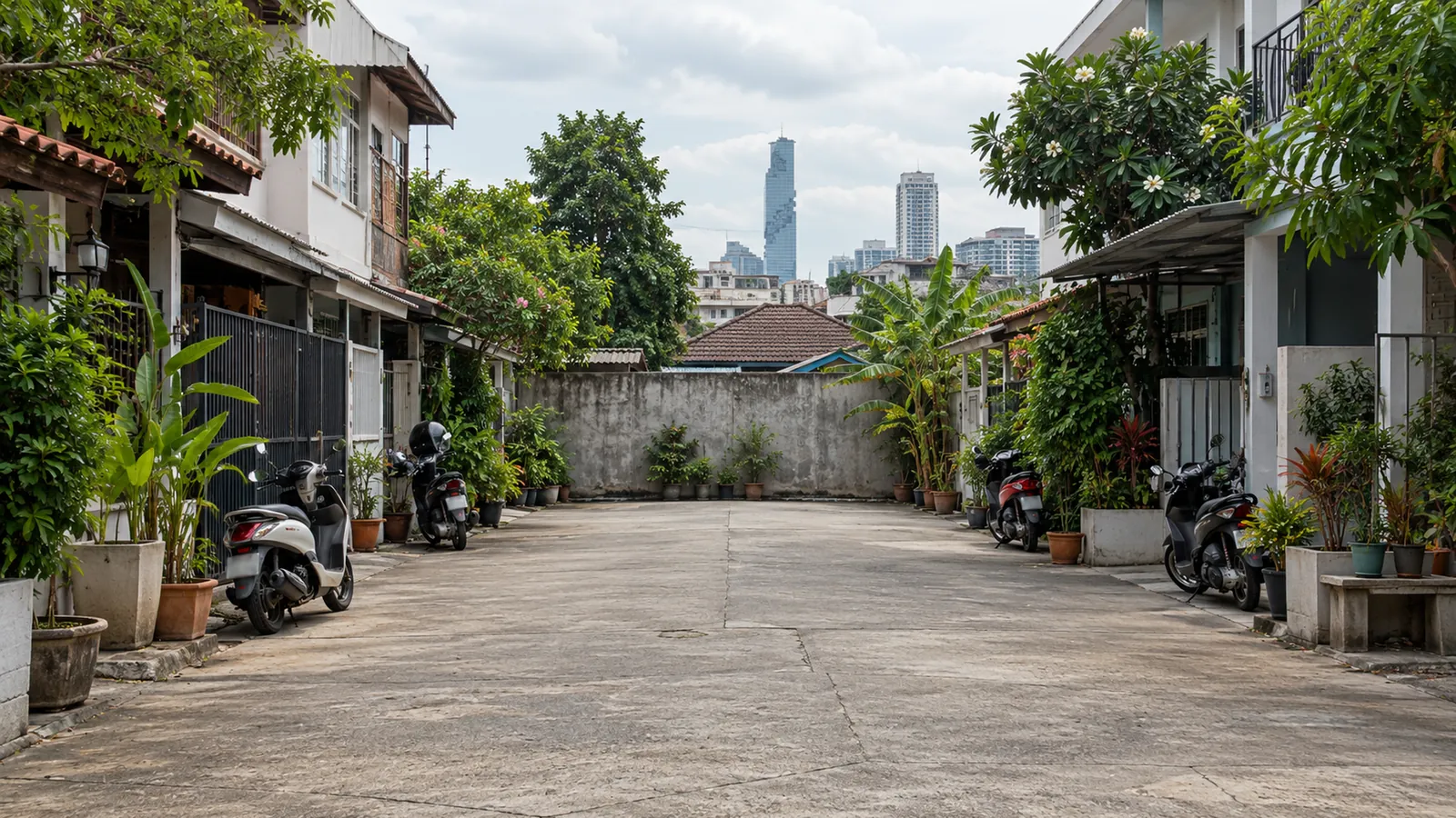 A dead-end soi of low houses and parked motorcycles, closed by a wall, with towers on the skyline behind