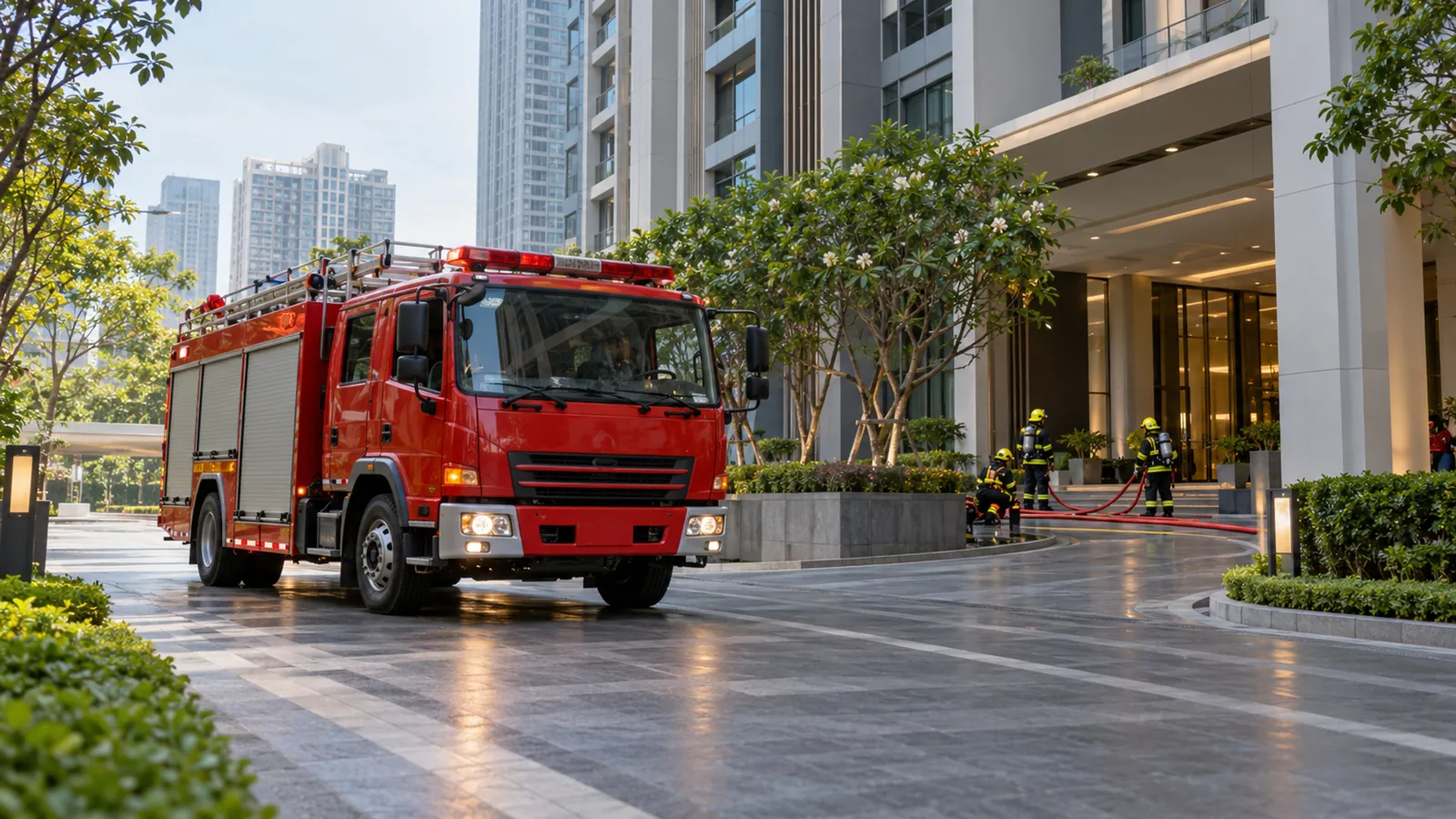 A fire engine pulls up at the entrance of a residential tower while firefighters lay out a hose