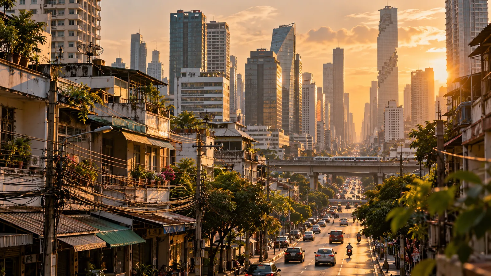 Old shophouses strung with wires line a road leading towards a cluster of towers in the evening sun
