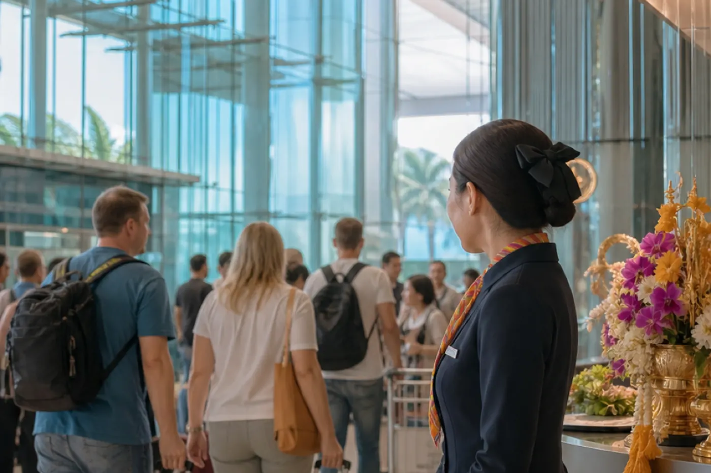 Foreign arrivals stream past a hotel receptionist in an airport hall