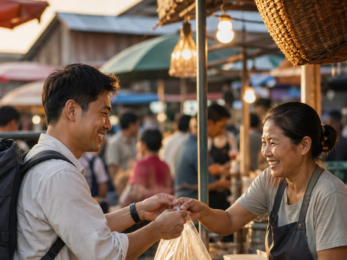 A traveller buys grilled food from a smiling market vendor