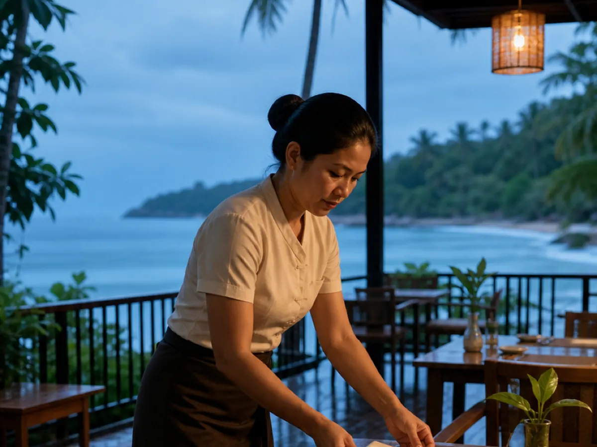 A waitress sets a table on an empty terrace above the sea