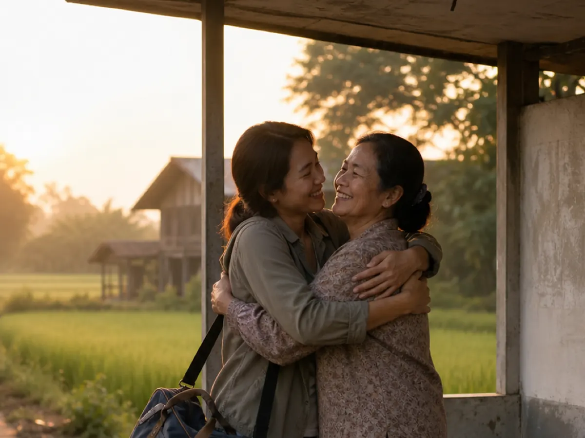 A woman with a travel bag embraces her mother at a house beside rice fields