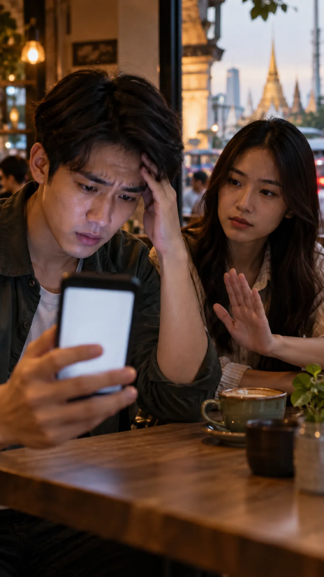 A man shows a phone to a friend, who raises a hand in refusal