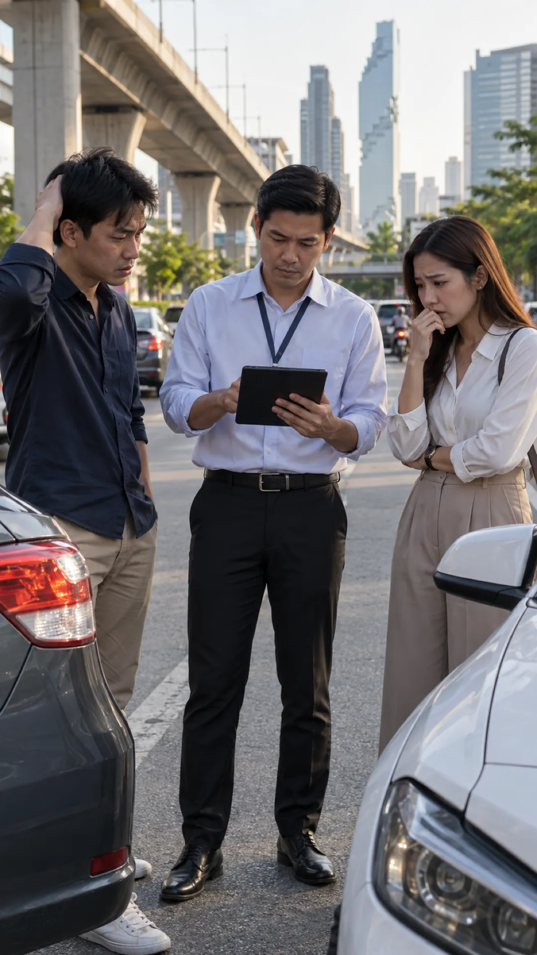 An insurance assessor checks a tablet at the scene of a minor collision