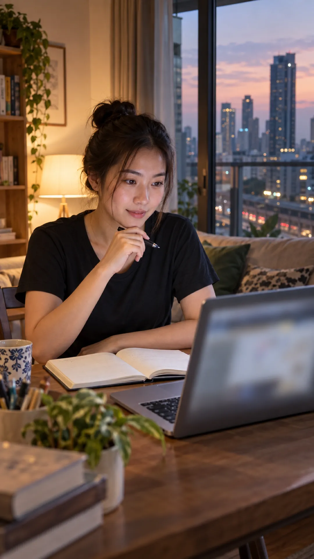 A woman studies at a laptop by a window at night