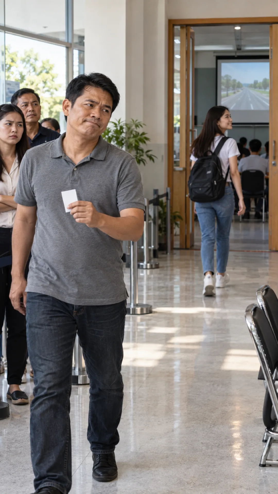 A man walks out of a licensing office holding a card
