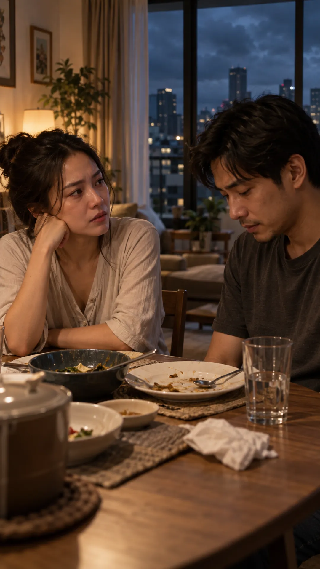 A couple sit in silence at a table at night