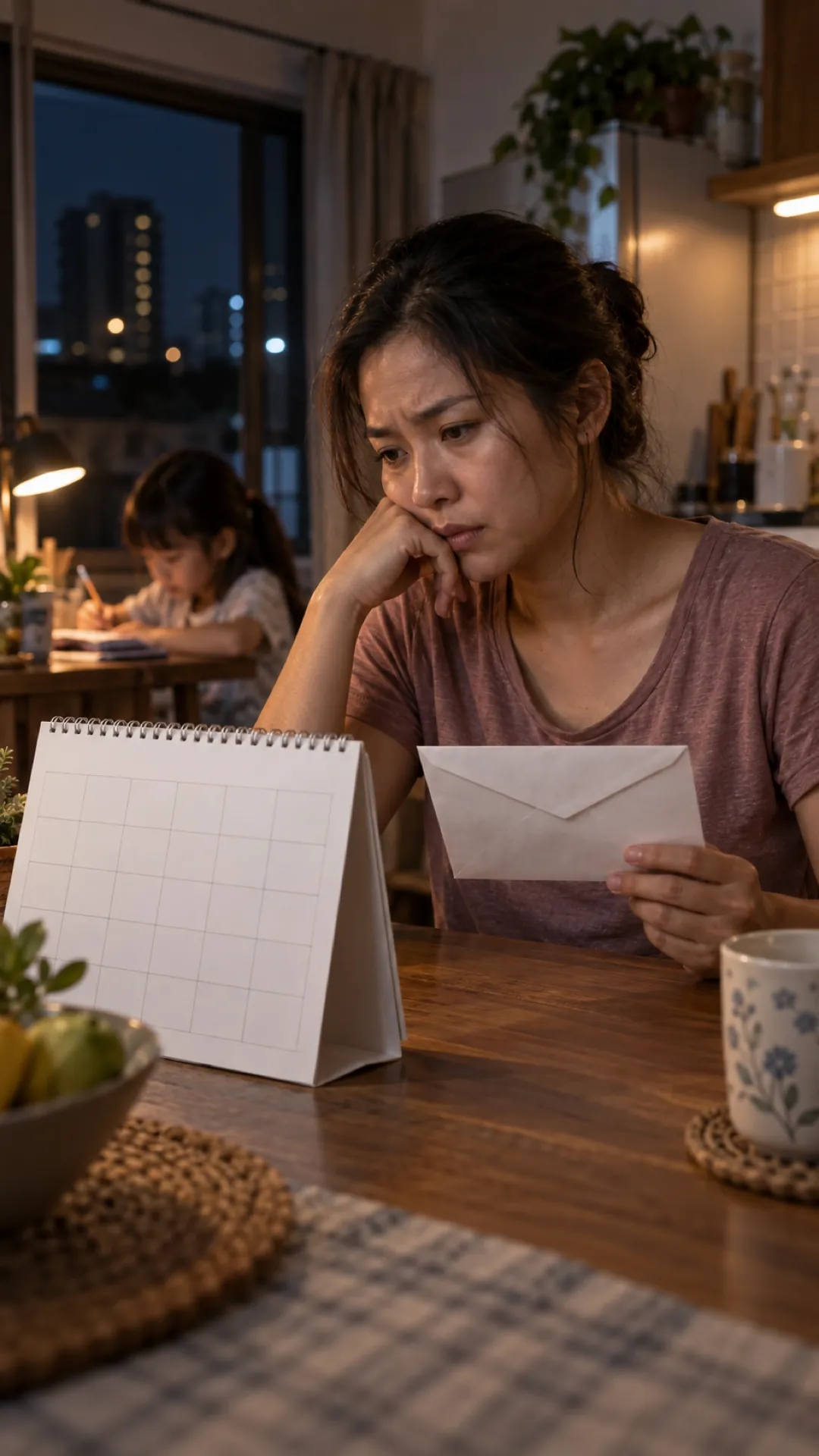 A woman reads a letter while a child does homework behind her