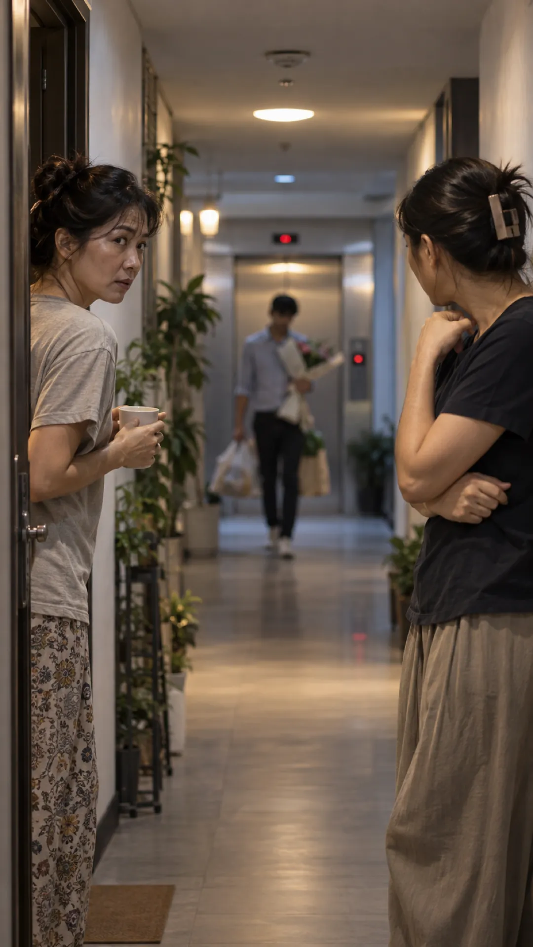 Two neighbours watch a man carrying shopping bags to a lift
