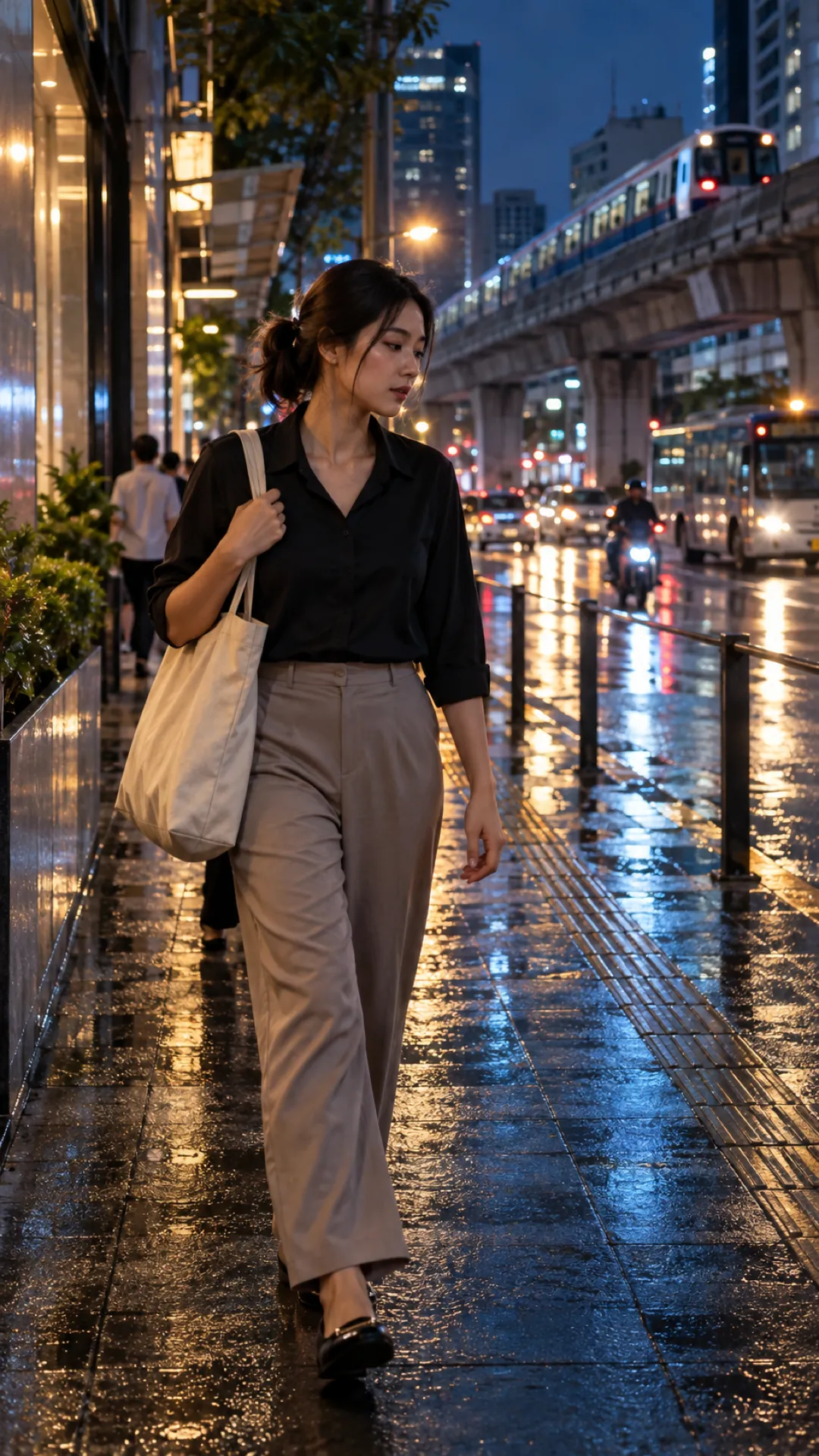 A woman walks alone along a wet street under an expressway at night