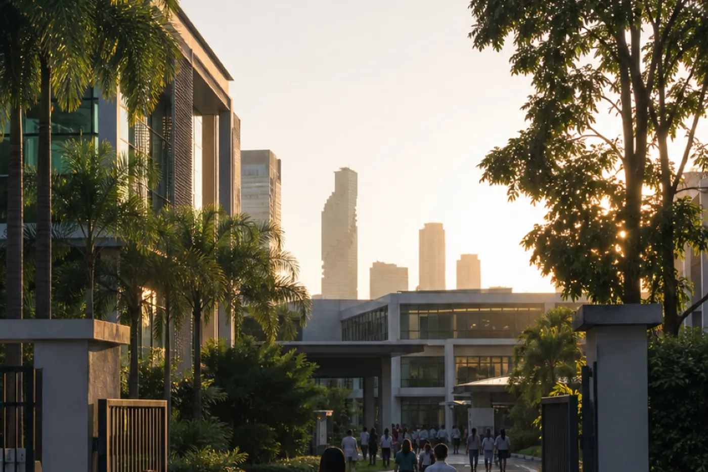 A campus gate with the Bangkok skyline behind it at sunset