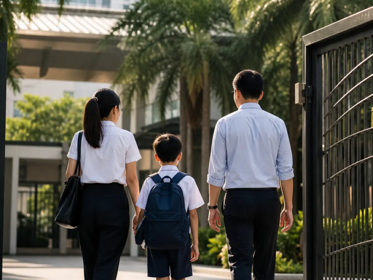 A family walks a boy towards a school entrance