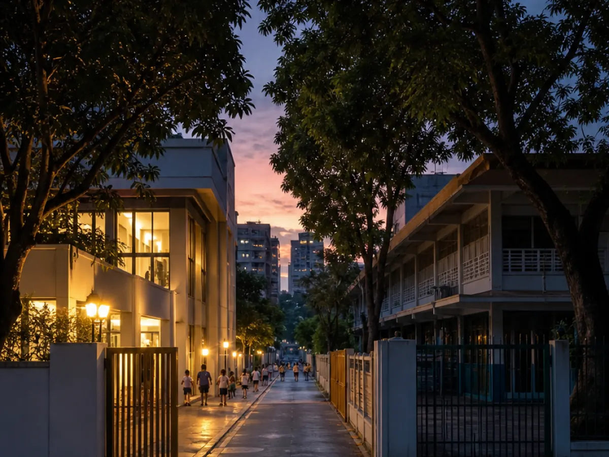 A tree-lined road past a school at dusk