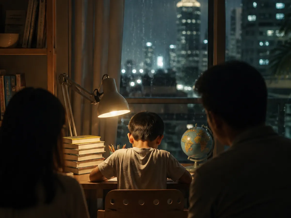 A boy studies at a desk with a globe while his father watches